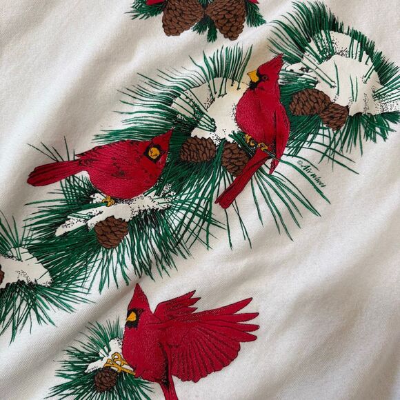 Vintage White Cardinal Puffy Bird Tree Christmas Sweatshirt Holiday XXL - Picture 3 of 7